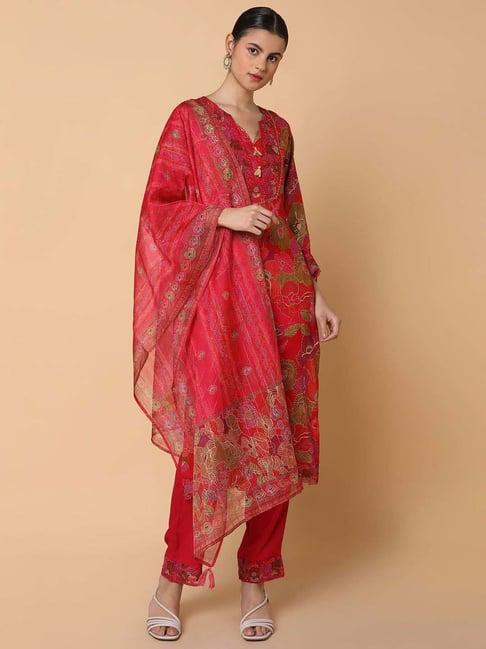 showoff red cotton printed kurta pant set with dupatta