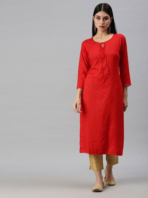 showoff red cotton woven design printed calf length straight kurta