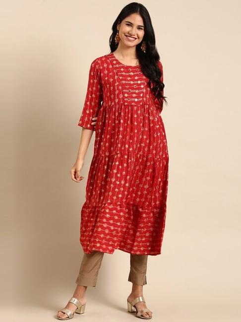 showoff red embellished a line kurta