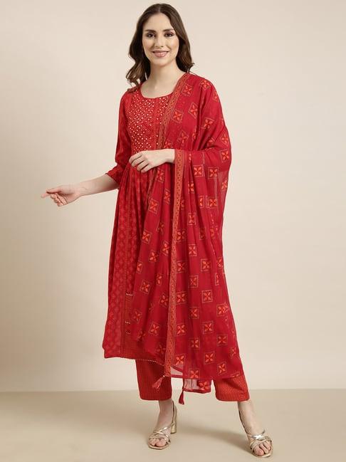 showoff red embellished kurta with pants & dupatta with potli bag