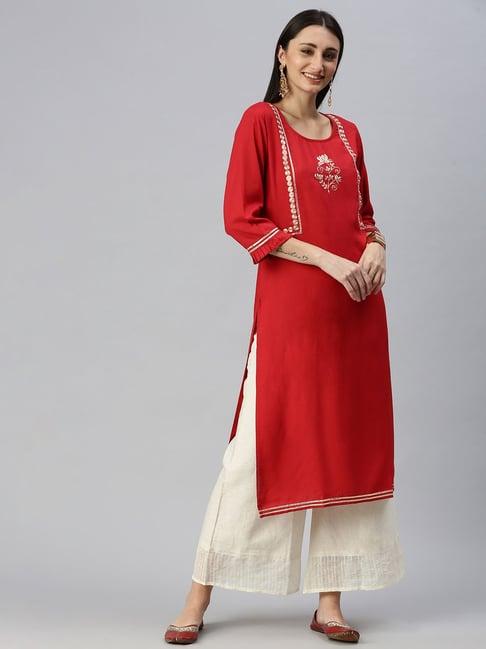 showoff red embroidered kurta with palazzo