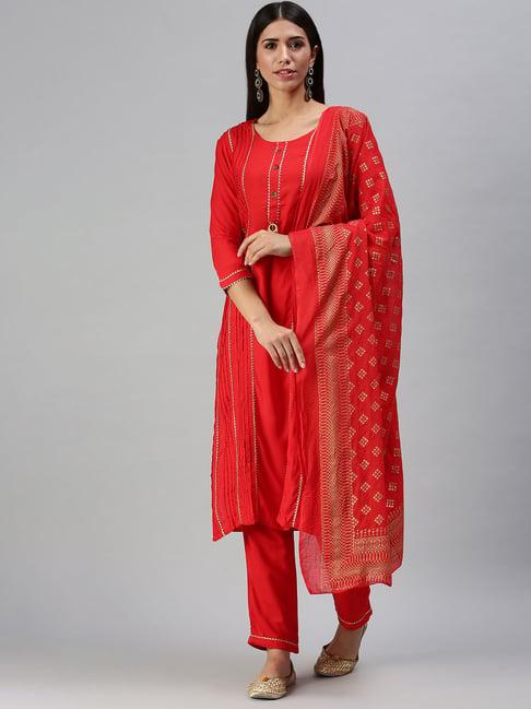 showoff red straight calf length kurta with pants & dupatta