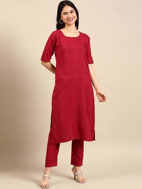 showoff red woven pattern kurta pant set