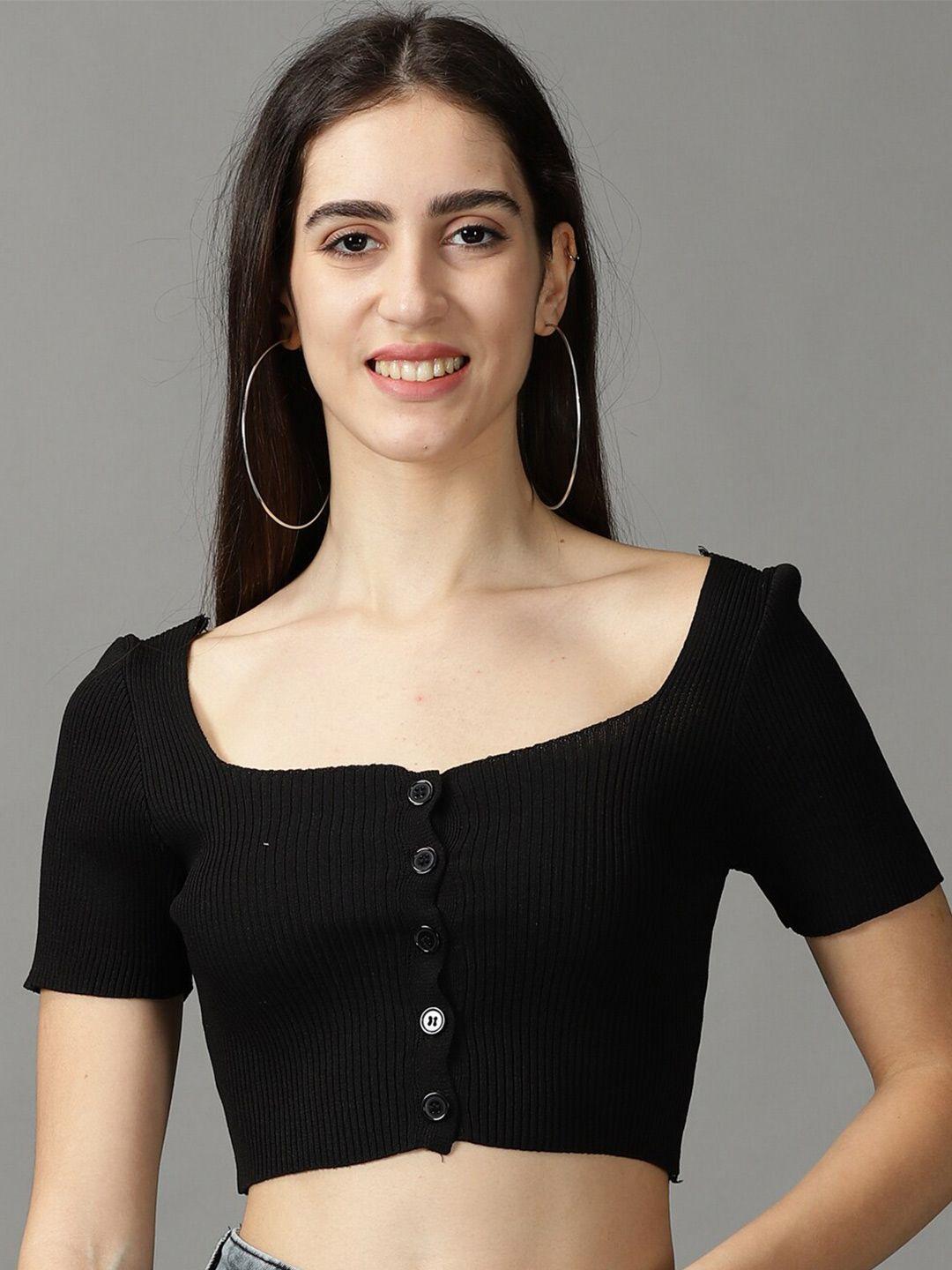 showoff ribbed square neck acrylic fitted crop top