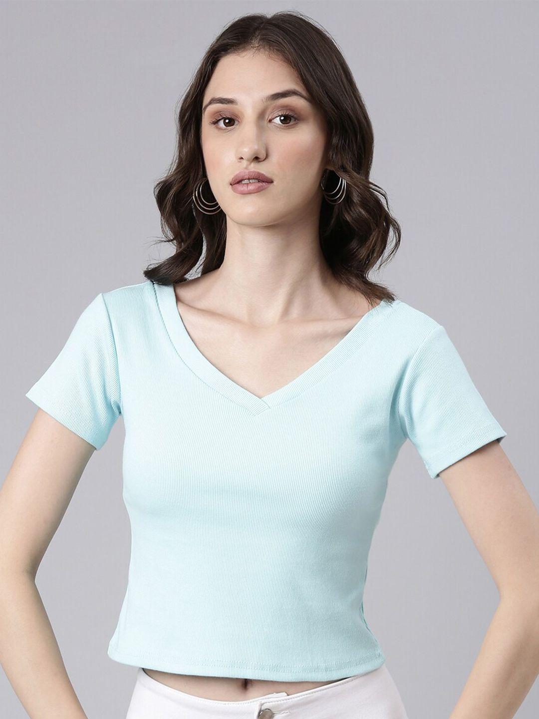 showoff ribbed v-neck crop slim fit t-shirt