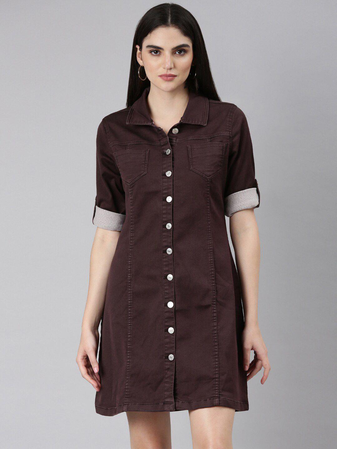 showoff roll-up collar denim shirt dress