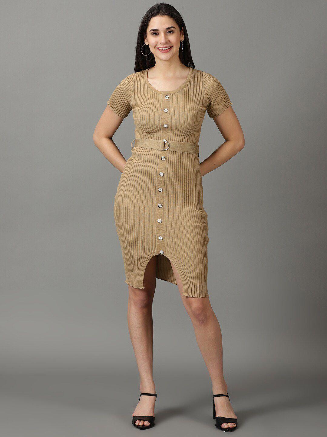 showoff round neck acrylic bodycon dress with belt