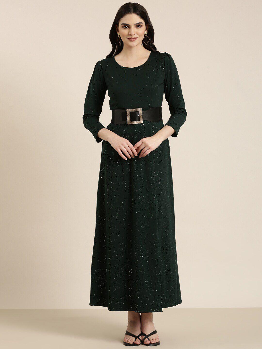 showoff round neck embellished maxi dress with belt