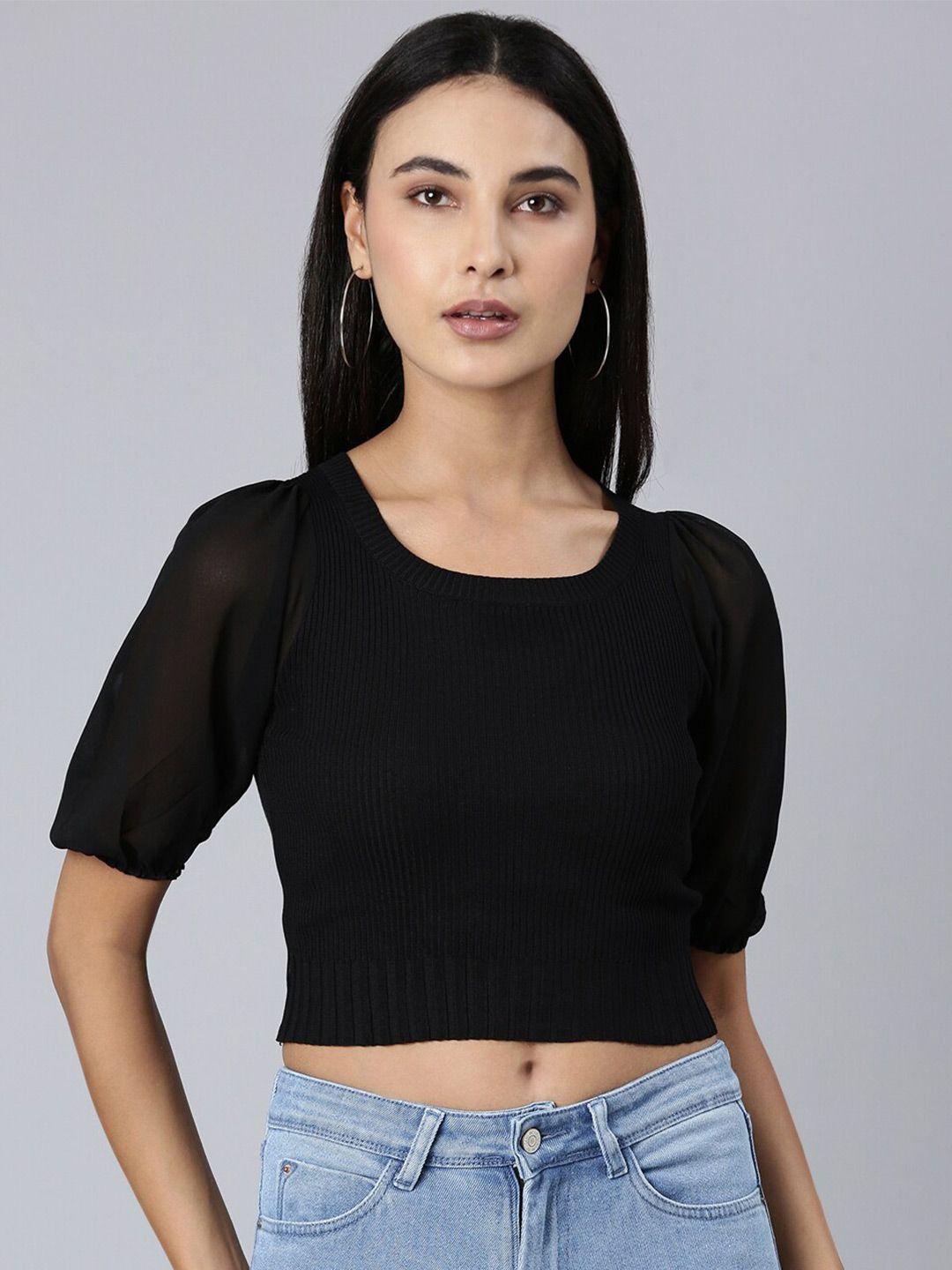 showoff round neck puff sleeve acrylic crop top