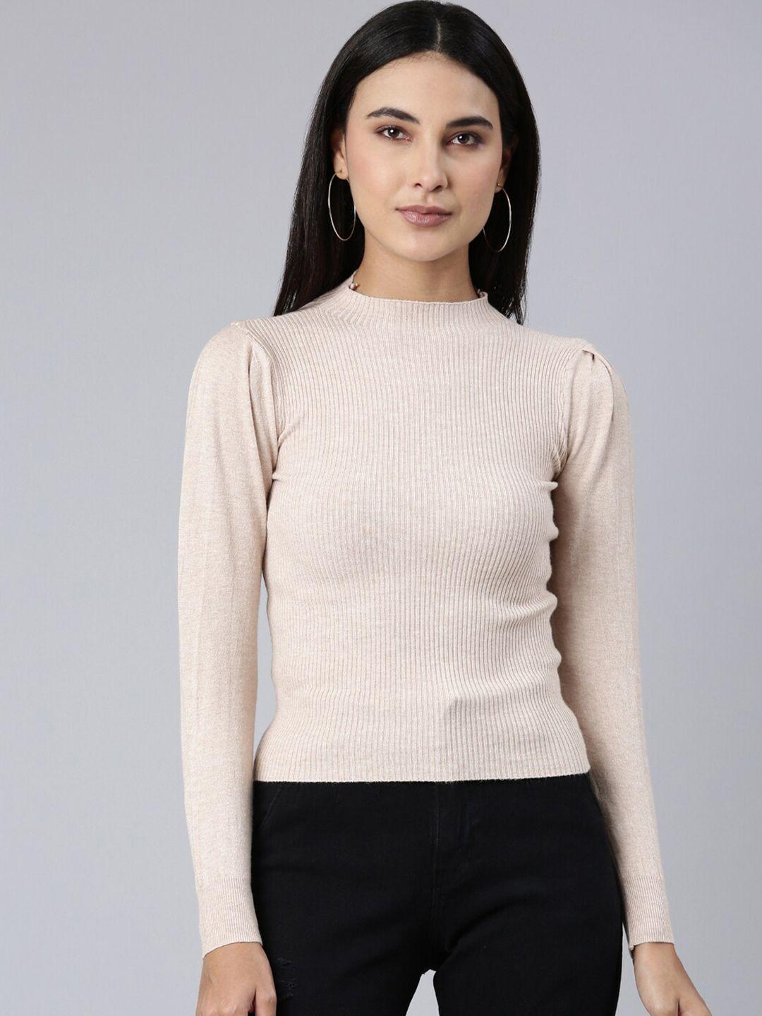 showoff round neck puff sleeves acrylic fitted top