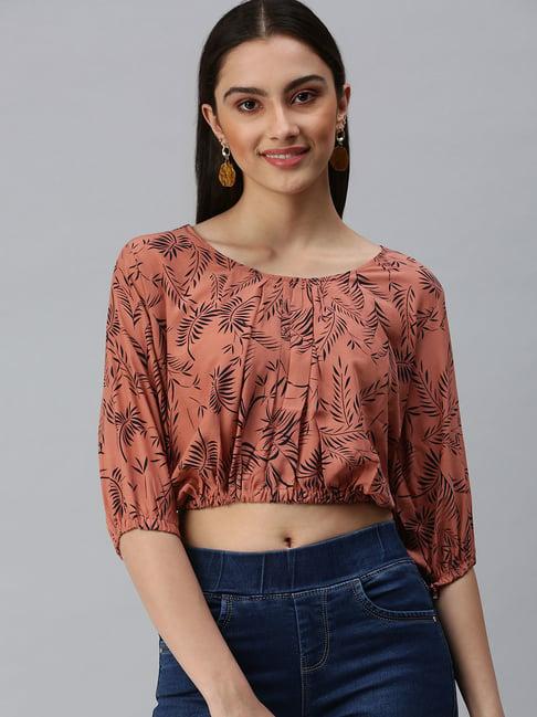 showoff round neck puff sleeves printed brown crop top