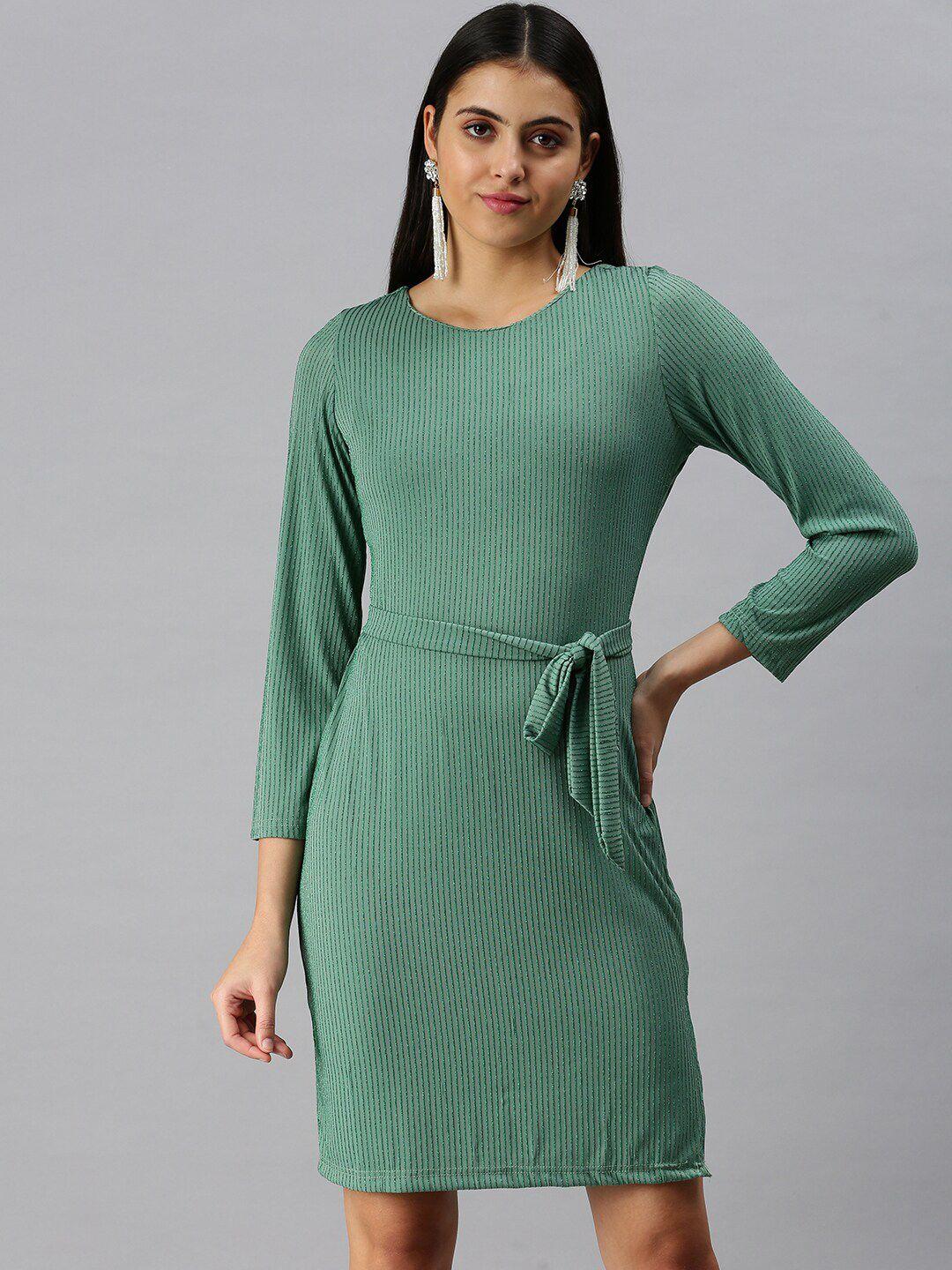 showoff round neck striped sheath dress with belt