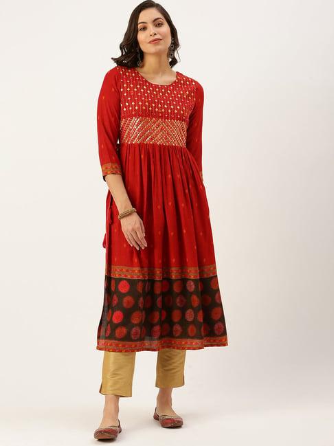 showoff rust cotton embellished calf length a line kurta