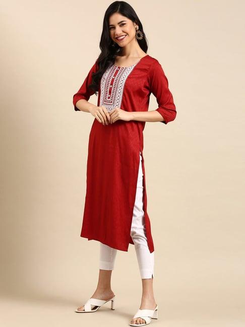 showoff rust cotton embroidered calf length straight kurta