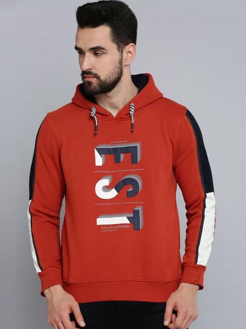 showoff rust cotton regular fit printed hooded sweatshirt