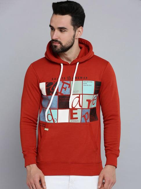 showoff rust cotton regular fit printed hooded sweatshirt