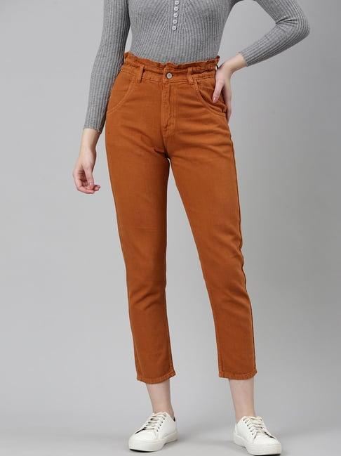 showoff rust denim regular fit mid rise jeans