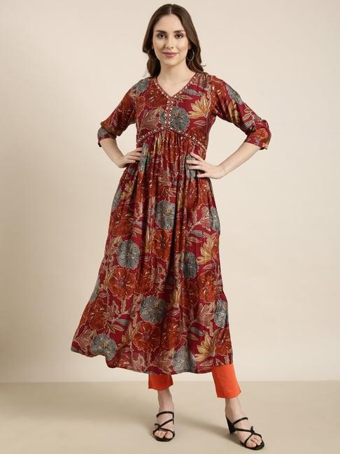 showoff rust floral print anarkali kurta