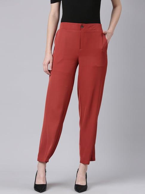 showoff rust straight fit mid rise trousers