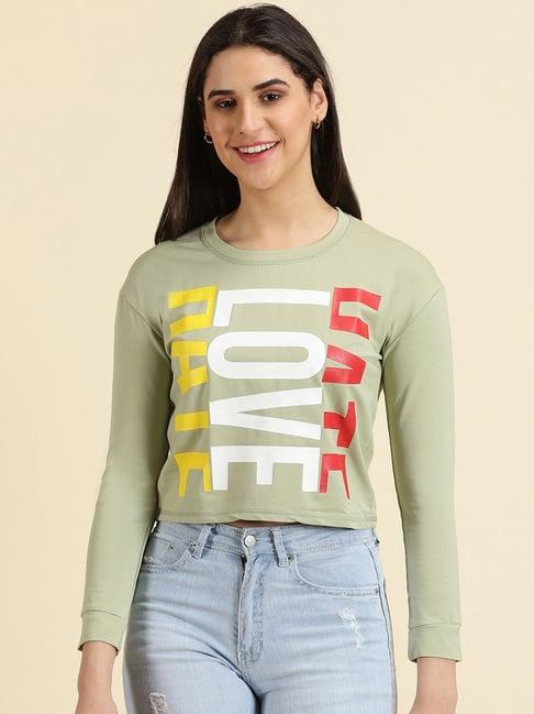 showoff sage green cotton graphic print crop top