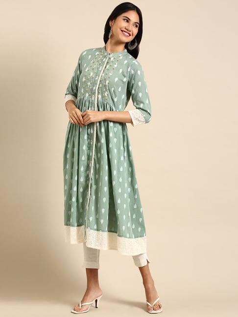 showoff sea green cotton embellished a line kurta