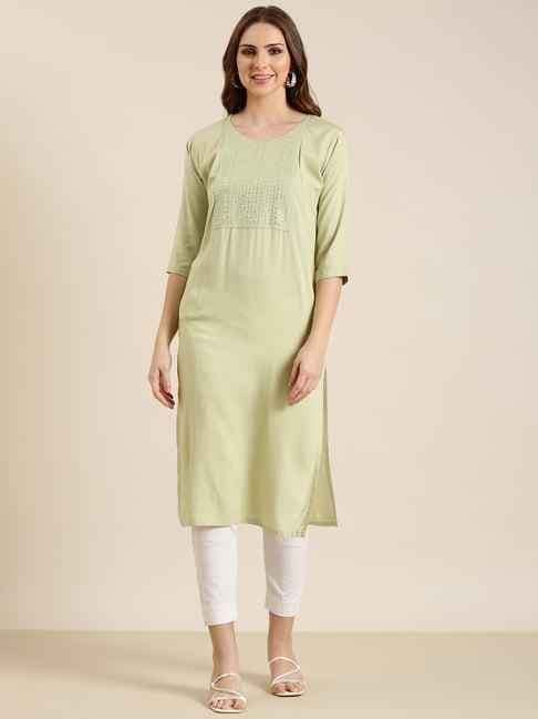 showoff sea green cotton embellished kurta