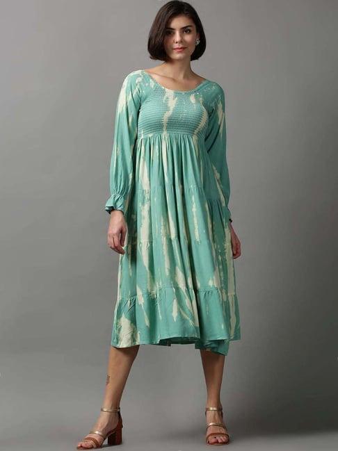 showoff sea green cotton tie & dye a-line dress