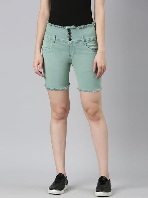 showoff sea green denim slim fit shorts