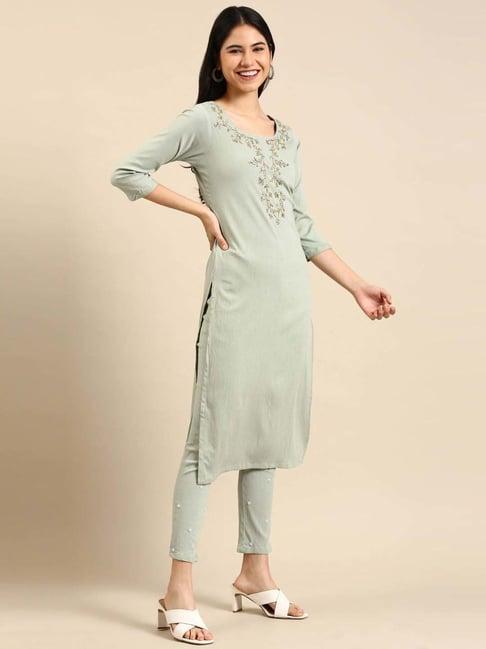 showoff sea green embellished kurta pant set