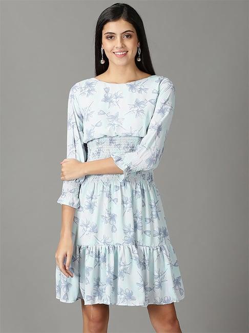 showoff sea green floral print a-line dress