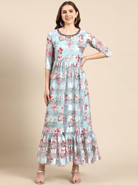 showoff sea green floral print gown