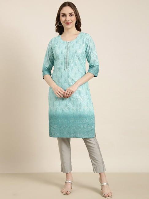 showoff sea green floral print kurta