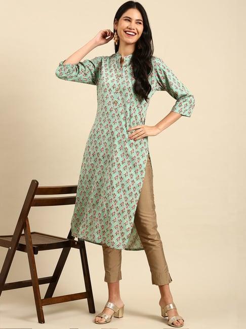 showoff sea green floral print straight kurta