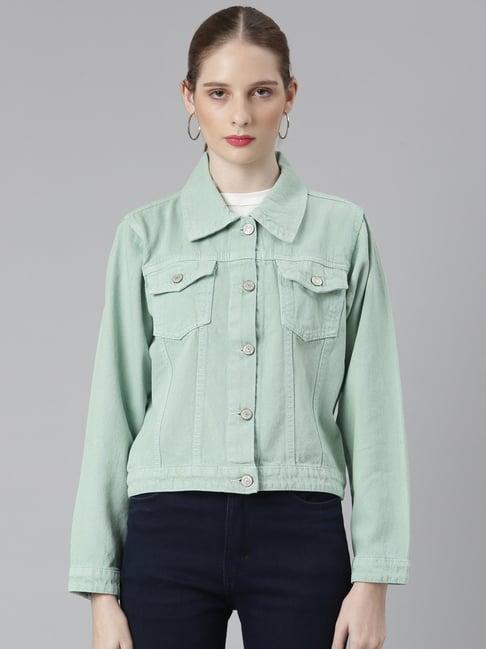 showoff sea green regular fit denim jacket