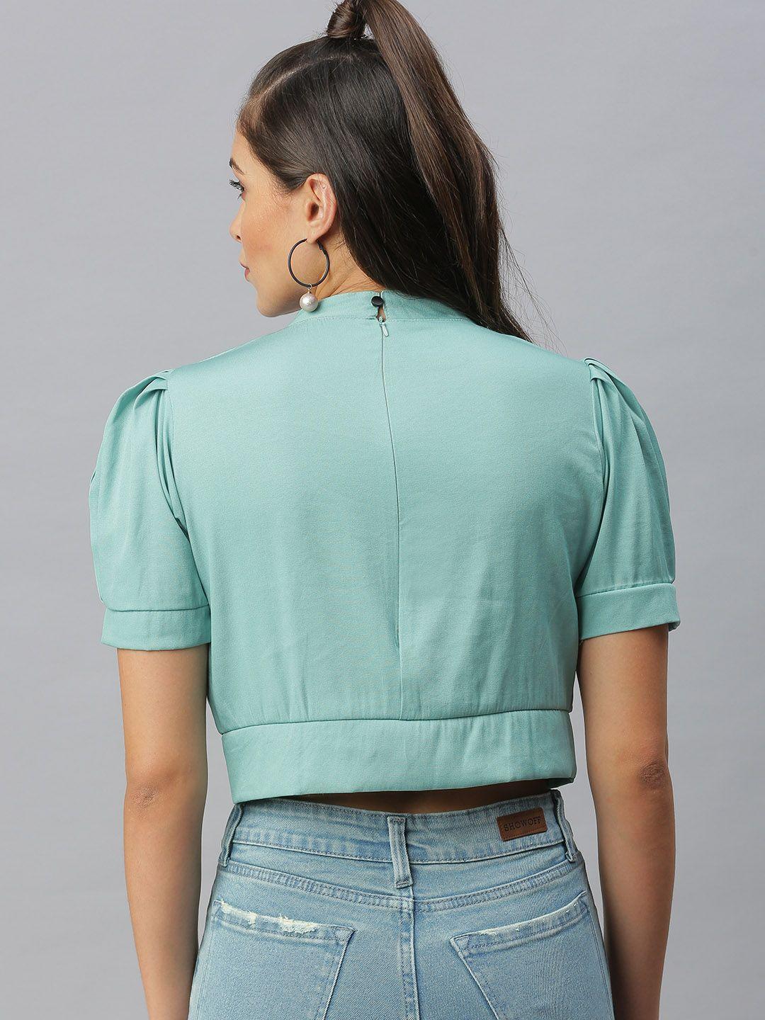 showoff sea green styled back crop top