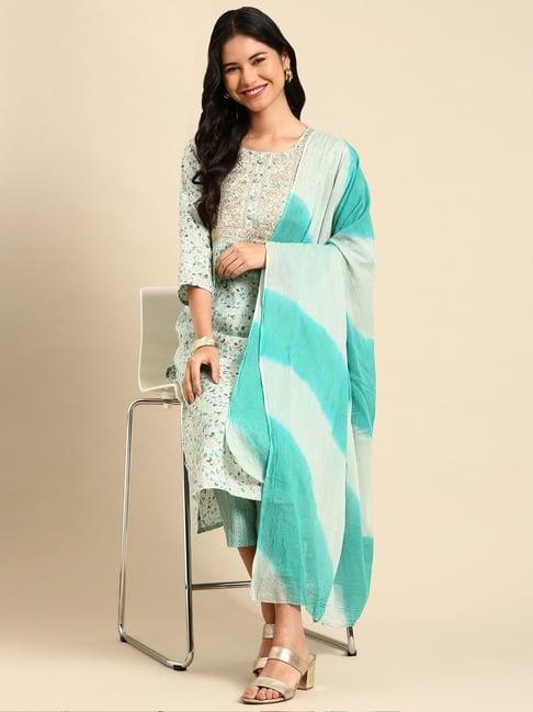 showoff sea green zari work kurta pant set with dupatta