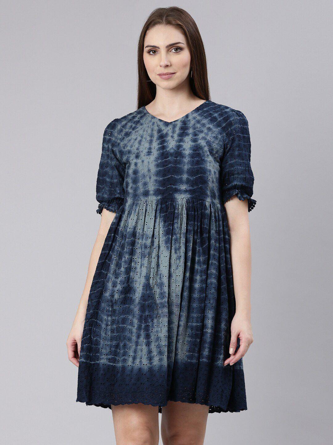 showoff self design cotton puff sleeves a-line dress