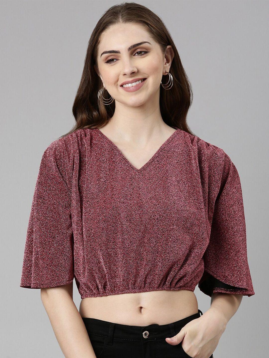 showoff self design flared sleeve blouson crop top