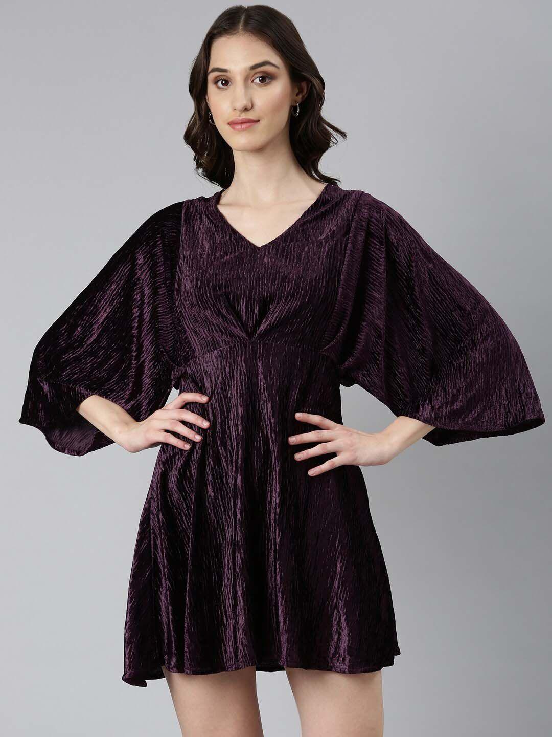 showoff self design flared sleeves velvet fit & flare mini dress