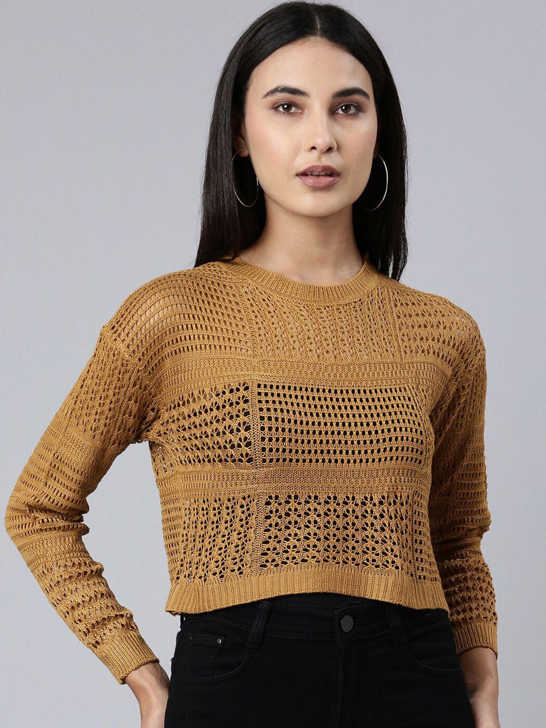 showoff self design round neck knits regular crop top