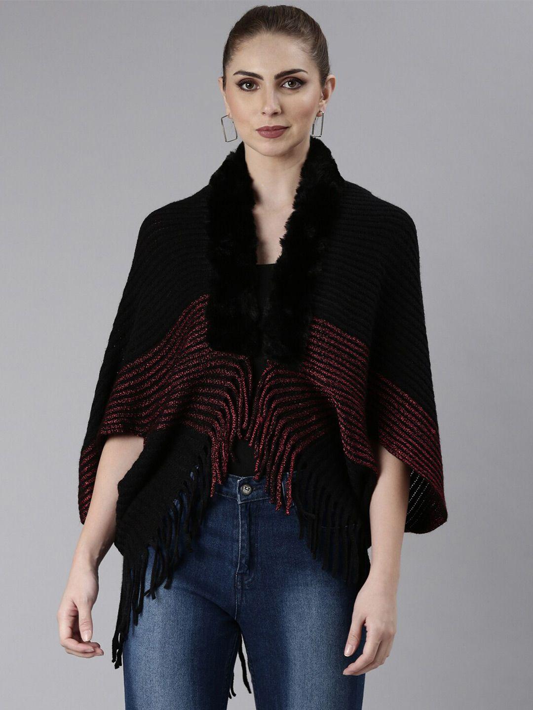 showoff self design shawl collar longline fringed acrylic poncho