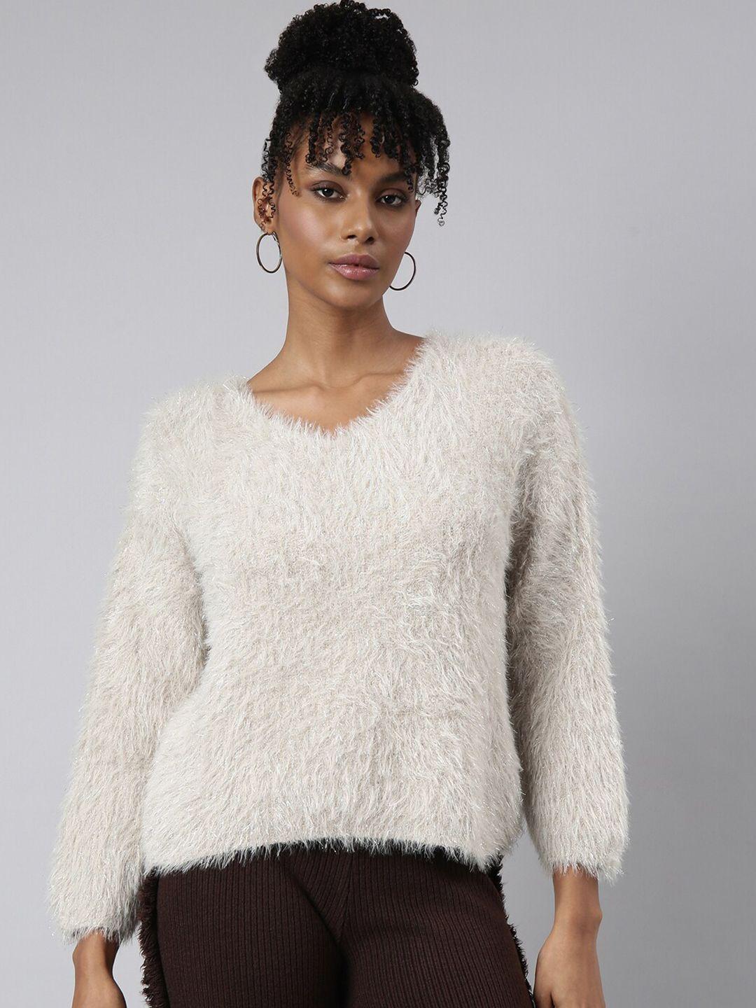 showoff self design v-neck faux fur trim bling & sparkly acrylic top