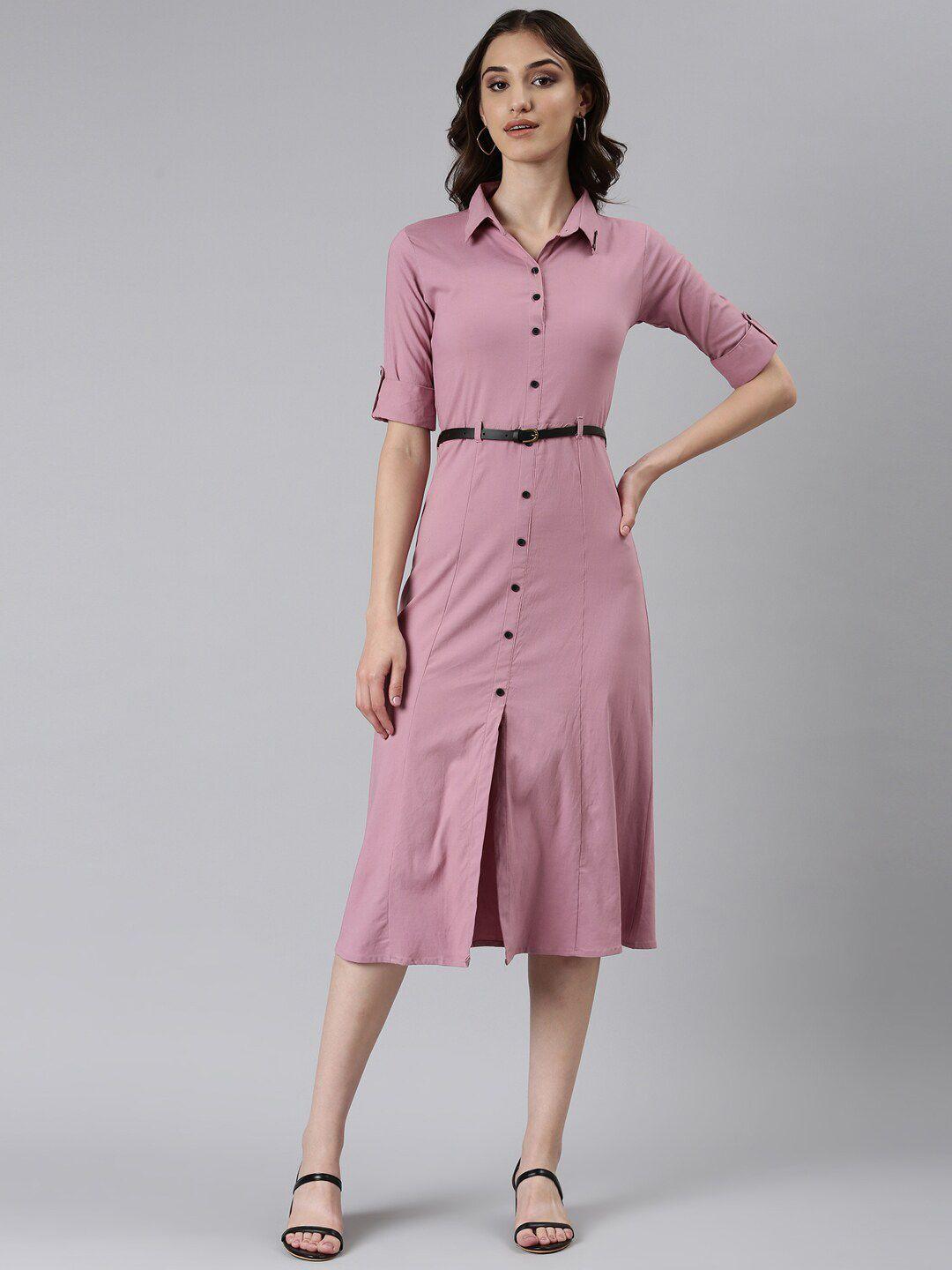 showoff shirt collar belted cotton a-line dress