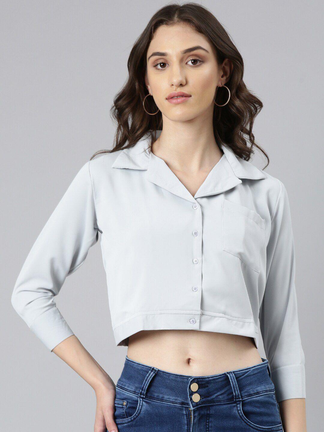 showoff shirt collar cuffed sleeves pockets shirt style crop top