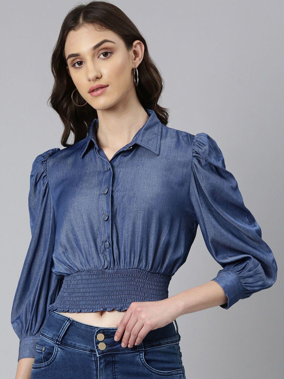 showoff shirt collar cuffed sleeves smocked cotton shirt style crop top