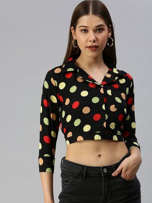 showoff shirt collar polka dots black crop top