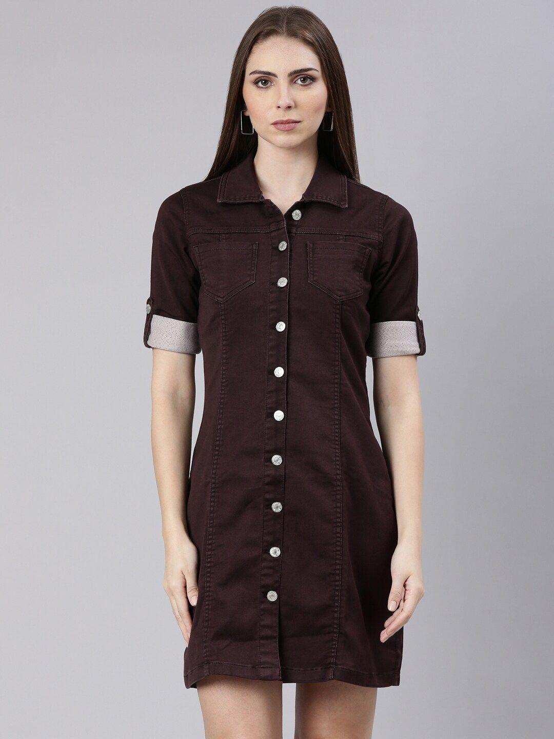 showoff shirt collar roll up sleeve cotton shirt dress