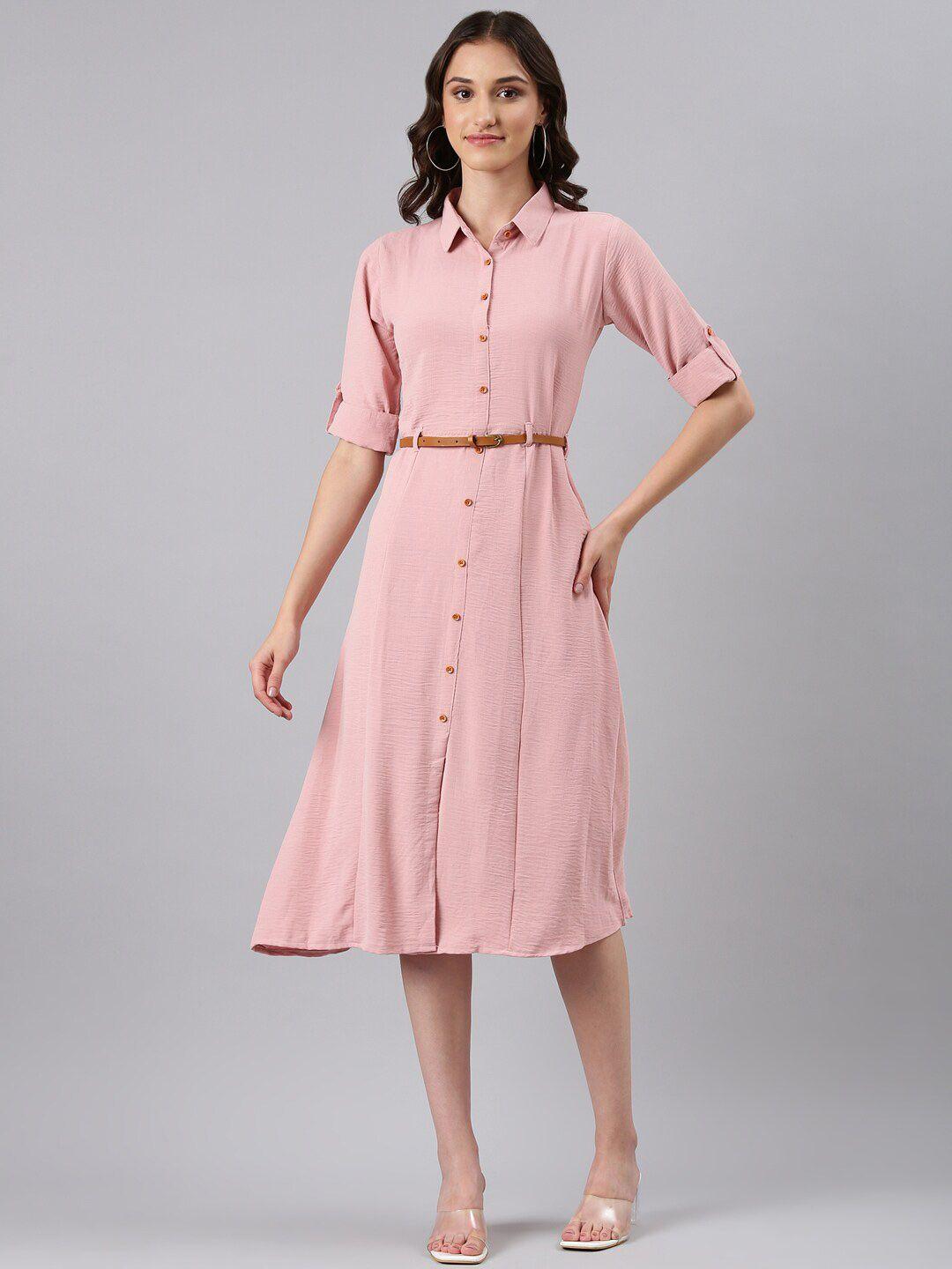 showoff shirt collar roll-up sleeves midi shirt dress with belted