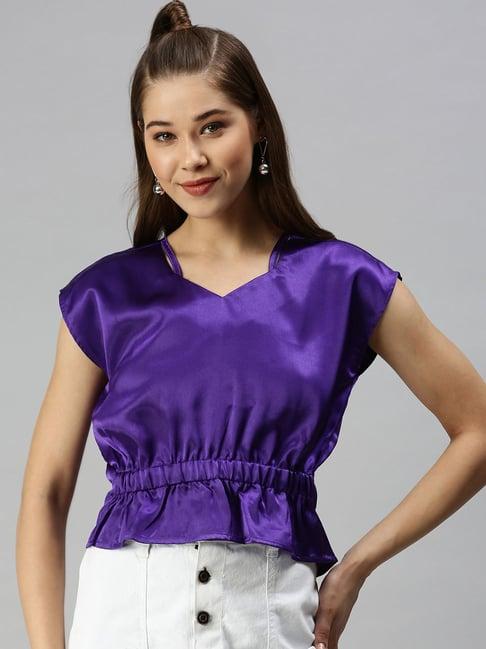 showoff short sleeves sweetheart neck purple tropical top