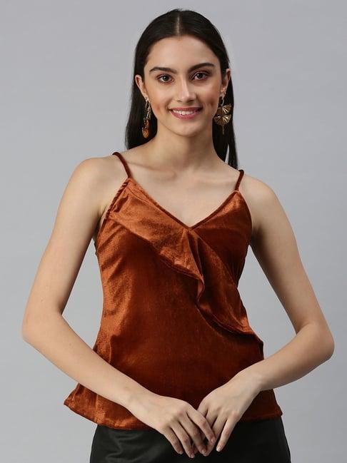 showoff shoulder straps no sleeves solid brown top